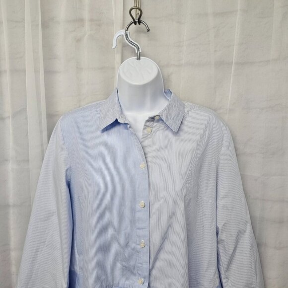 French Connection Blue Striped Button Blouse Peplum Preppy L - Picture 2 of 13